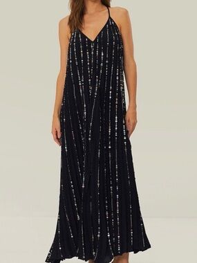 FARM Rio Black Beaded Pleated Maxi Dress with Multicolor Accents NWT XXS